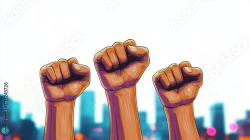 Three raised clenched fists symbolizing unity and resistance with a blurred cityscape background under a bright sky