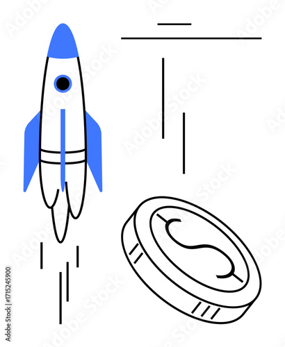 Blue and white rocket ascending beside a coin. Ideal for economic growth, investment, startup success, innovation, finance, business acceleration, and wealth. A simple flat metaphor