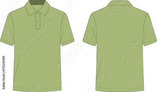 Green polo shirt front and back view, short sleeve garment, fashion apparel mockup, clothing design template, textile illustration, retail concept