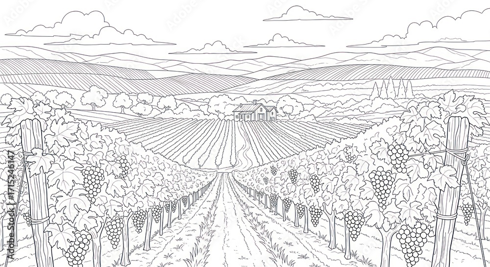 Fototapeta premium Vineyard landscape illustration