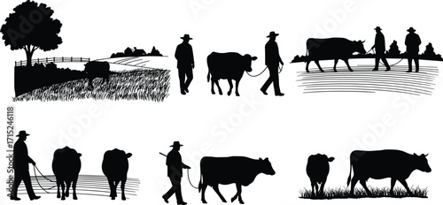 Silhouette farmer with cow, rural agriculture vector, countryside farming scene, livestock grazing, farm work illustration, traditional village cattle farming design