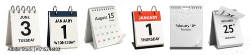 Desk calendar set including various dates, months, and styles isolated. Time management and planning collection.