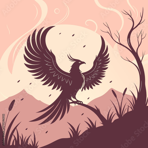 “Silhouette of a giant phoenix rising from flames, wings spread wide against a glowing dawn sky, representing rebirth, power, resilience, and eternal transformation.”