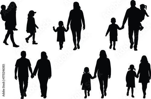 Happy family silhouettes walking together, parents holding children hands, mother father with kids, family love, parenting bond, lifestyle illustration design