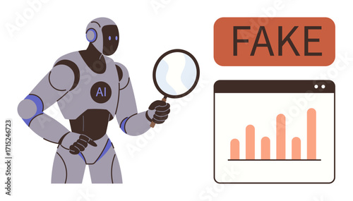 AI robot with magnifying glass examining bar chart data, spotting fake content. Ideal for technology, data analysis, AI tools, machine learning, misinformation, cybersecurity, research-focused