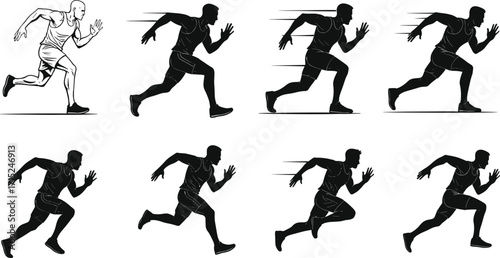 Silhouette of male athlete running fast, sprint training sequence, fitness workout, sports action movement, speed exercise, marathon runner, healthy lifestyle illustration