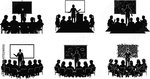 Silhouette of business people attending presentation, corporate meeting, seminar, workshop, training, teamwork, speaker explaining strategy, audience listening, education concept