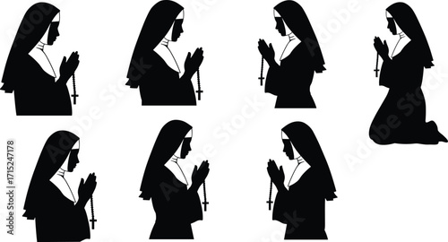 Silhouette of praying nun with rosary beads, Christian woman devotion, Catholic sister, faith prayer, religious spirituality, holy worship illustration