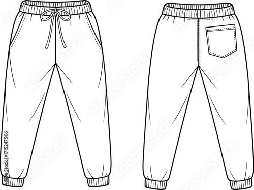 Jogger pants technical drawing, fashion flat sketch, front and back view, elastic waistband, drawstring, cuffed hem, apparel design template