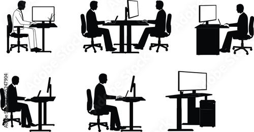 Office worker silhouettes, computer desk posture, ergonomic workstation, business teamwork, remote work setup, standing desk illustration, digital workplace, productivity conceptOffice worker 
