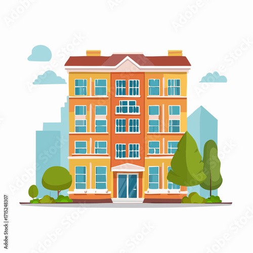 Flat vector apartment building illustration. Modern urban architecture icon for real estate, property, city skyline, construction, and housing design concepts