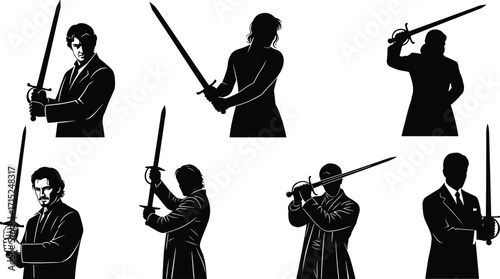 Silhouette sword fighters, medieval warriors, fencing duel illustration, combat stance, historical knight training, martial arts defense, epic battle poses, weapon fight