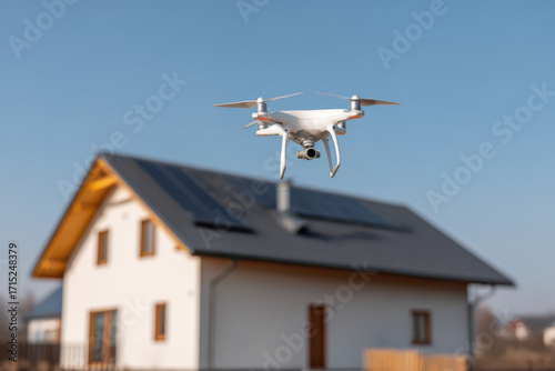 drone equipped with thermal imaging technology scans house rooftop for heat leaks
