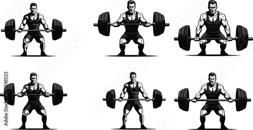 Strong male bodybuilder lifting heavy barbell, gym workout fitness training, powerlifting exercise illustration, muscular athlete strength silhouette, weightlifting sports design vector