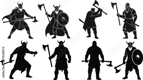Viking warrior silhouette with axe and shield, medieval Norse fighter illustration, ancient Scandinavian soldier artwork, historical battle vector design