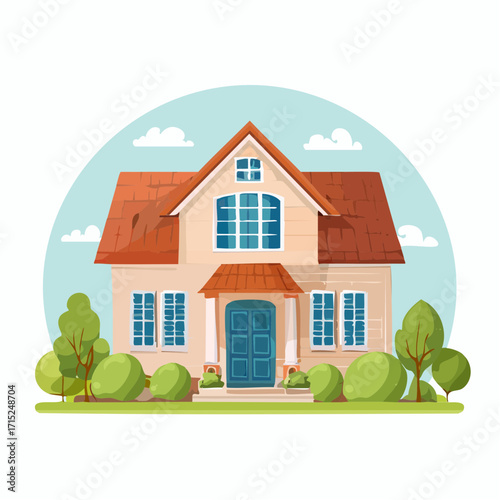 Modern flat house vector icon with pitched roof, windows, and door, symbolizing residential living, real estate, home ownership, and architecture design