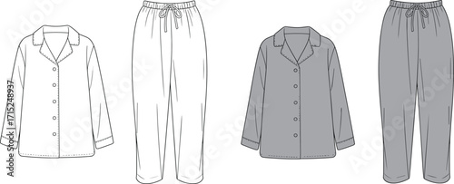 Pajama set illustration, white and gray sleepwear, long sleeve top, drawstring pants, fashion design, cozy loungewear, catalog template, apparel mockup