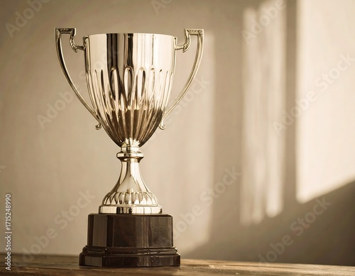 Polished silver trophy on a wooden surface