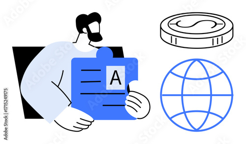 Man holding puzzle piece with document text, globe depicting worldwide connectivity, and coin as financial element. Ideal for business, economy, global network, problem-solving, collaboration