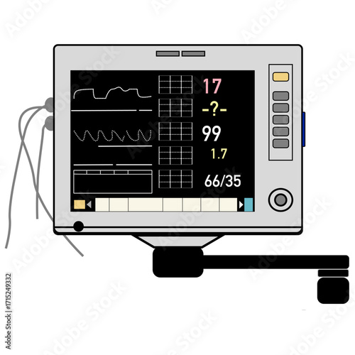 Flat vector illustration of a medical ventilator monitor showing patient vital signs. Ideal for healthcare, hospital, emergency, and medical technology concepts in digital and print design.