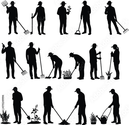 Silhouette gardening people, outdoor workers with tools, planting, watering, farming, horticulture, teamwork, agriculture, lifestyle, nature, eco-friendly, environment, seasonal activity, rural
