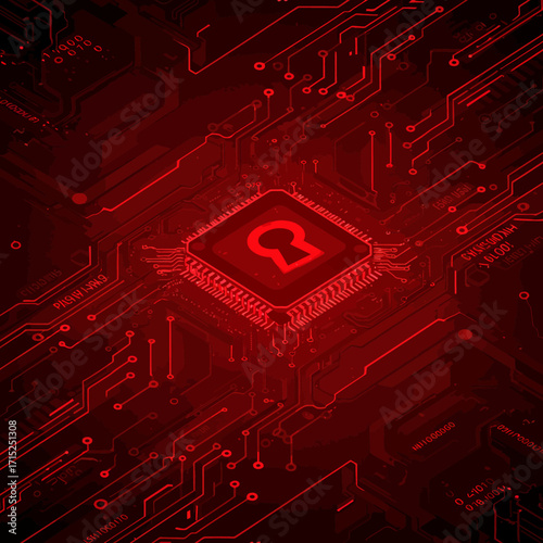 Cybersecurity Fortress Red Keyhole on a High-Tech Circuit Board
