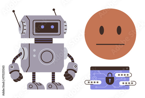 Cartoon robot next to neutral face and password-protected padlock interface. Ideal for AI, automation, cybersecurity, programming, data privacy, technology, machine learning concepts. Simple flat