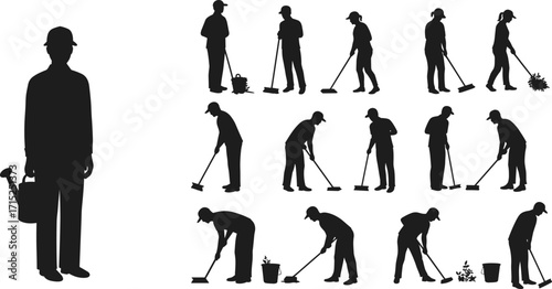 Silhouette of Workers Performing Gardening, Sweeping, and Cleaning Tasks, Outdoor Maintenance People in Action, Vector Set for Landscaping Concepts