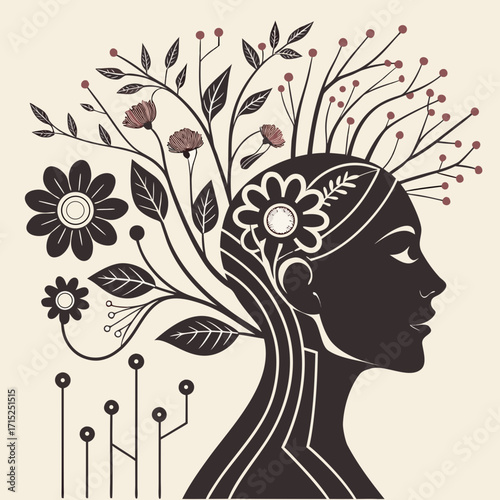 “Silhouette of a human head with flowers and circuit lines bursting outward like thoughts, blending organic growth with artificial intelligence in a surreal futuristic style.”