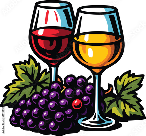 Colorful flat style wine glasses with red and white wine, surrounded by grapes and green leaves. Editable EPS file perfect for vineyard logos, bar menus, winery branding, or celebration graphics.