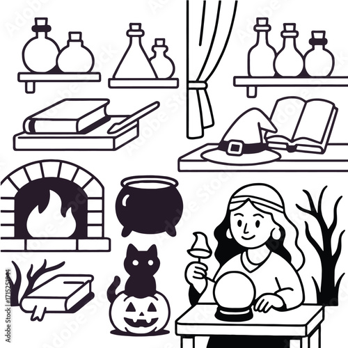 Witch crystal ball black cat cauldron spell book potion fireplace pumpkin magic