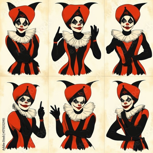 Six portraits of a person dressed as a sinister clown with red and black costume, white ruffled collar, black and white face paint, various hand gestures expressing mischief and emotion