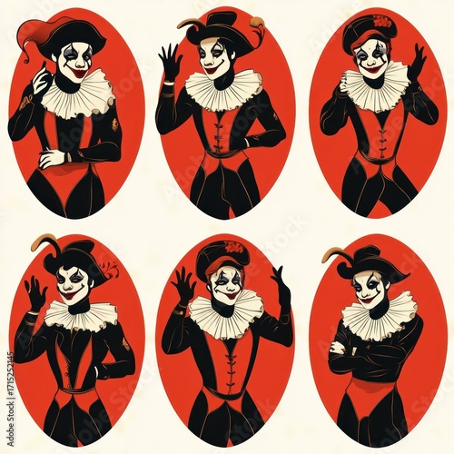 Six portraits of a person dressed as a harlequin with white face paint, red and black jester costume featuring ruffled collars and various expressive hand gestures on a red oval background