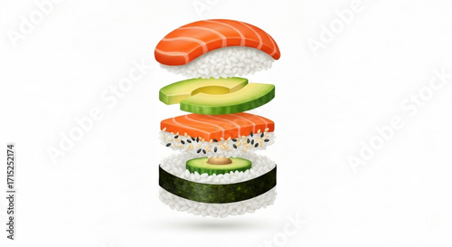 Deconstructed sushi illustration Layers of salmon, avocado, and rice in a culinary display