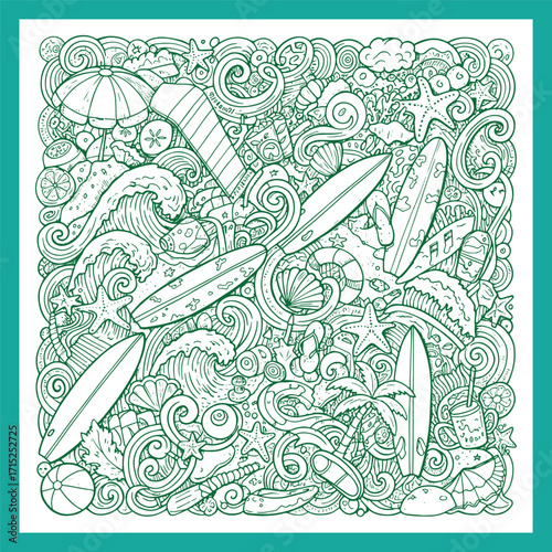 Surfboards Waves and Beach Elements Doodle Art.
