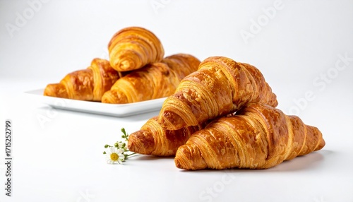 Freshly Baked Golden Croissants with Flower Decoration on White Background