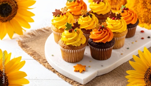Autumn Cupcakes with Festive Frosting and Sunflowers