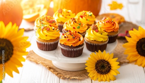 Colorful Autumn Cupcakes with Frosting and Sunflowers