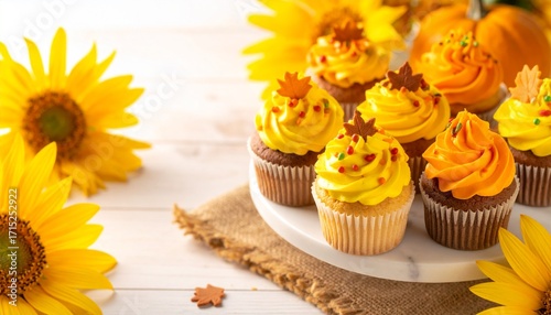 Colorful Autumn Cupcakes with Festive Frosting and Sunflowers