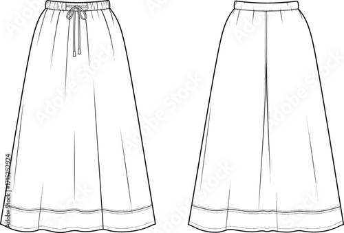 Technical fashion sketch, skirt front and back view, A-line silhouette, gathered waistband, drawstring detail, seam lines, garment design illustration