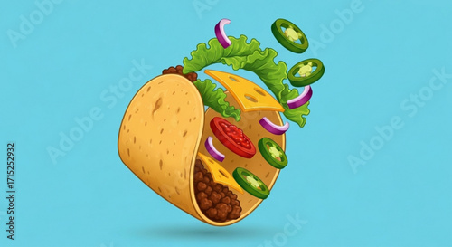 Illustration of an exploding taco with fresh ingredients flying out on a blue background