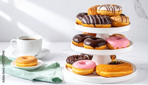 Assorted Donuts with Colorful Glaze and Coffee on White Background