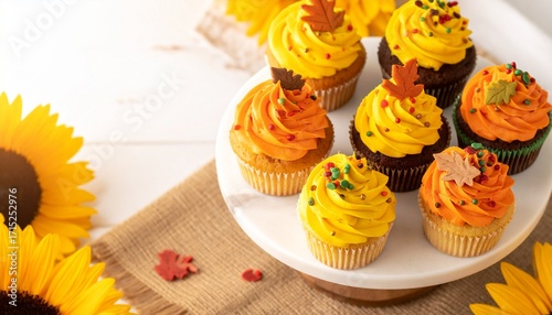 Colorful Autumn Cupcakes with Festive Frosting and Sunflowers
