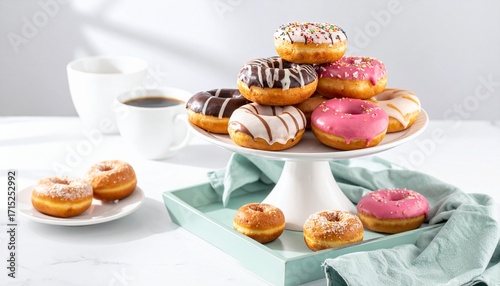 Assorted Donuts with Colorful Glaze and Coffee on White Background