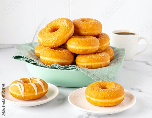 Stack of Sugar Glazed Donuts with Coffee on Marble Background