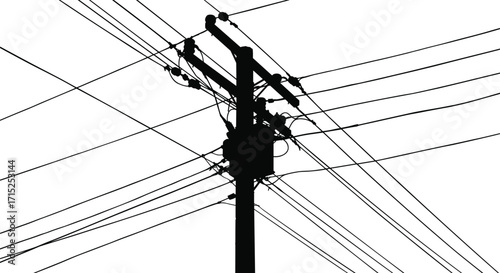 Utility pole silhouette, electric wires network, urban infrastructure, power grid system, energy distribution, industrial lines, high voltage cables, cityscape structure