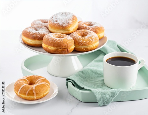 donuts with powdered sugar sprinkled on top, on a white porcelain plate, with a cup of black coffee in front of them