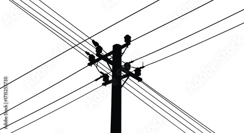 Utility pole silhouette, power lines crisscross, electrical grid infrastructure, urban energy network, industrial wires, dramatic sky, electricity distribution, high voltage structure