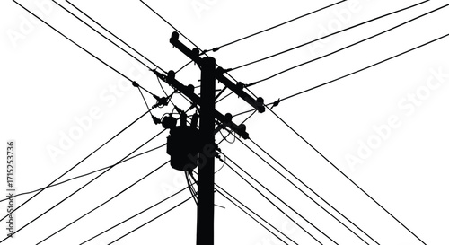 Utility pole silhouette, power lines crisscross, electrical transformer, urban energy grid, voltage infrastructure, industrial wires, dramatic sky, electric distribution system