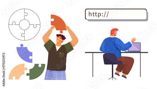 Person assembling puzzle pieces to solve a problem another searching online at a desk. Ideal for teamwork, creativity, innovation, research, learning, strategy, and technology. Simple flat metaphor